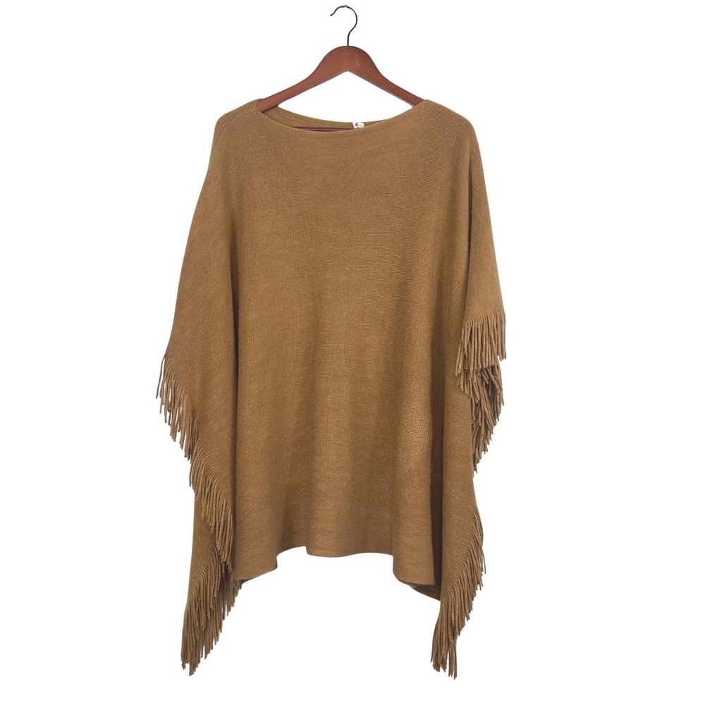 Womens Brown Knit Fringe Poncho Cape One Size Shawl Cottage Heritage Scandi